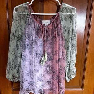 Johnny Was Pink and Purple Bishop Sleeve Blouse with Tie Front,